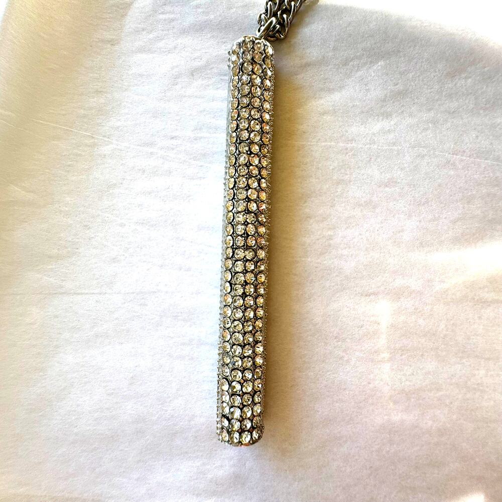 Rhinestone and Sculptural Column Pendant Necklace on 22" Silver Tone Chain